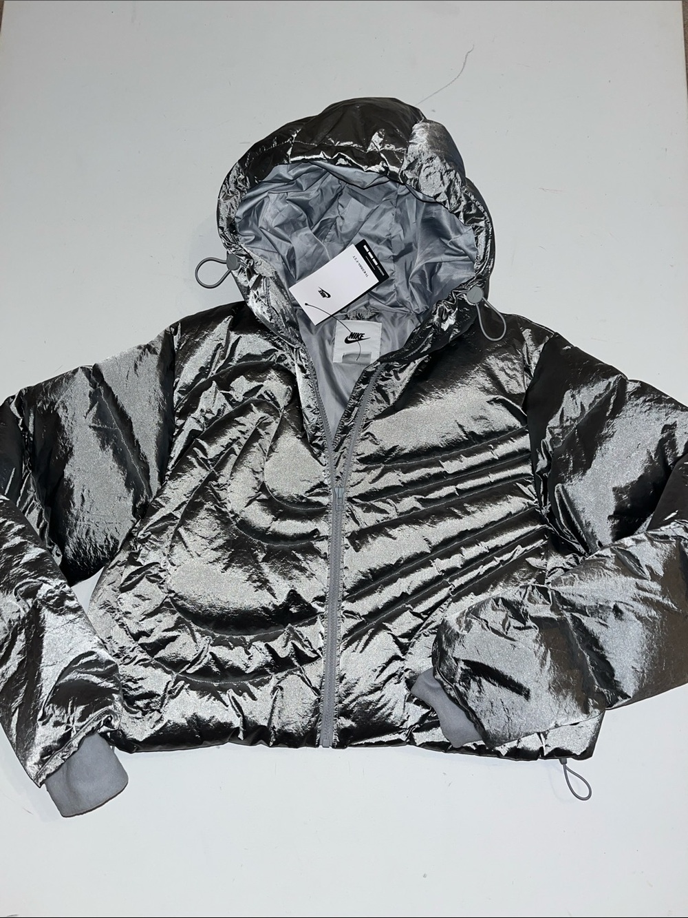 Nike Puffer Jacket Womens S Warmest Therma-Fit Down Silver full zip hood $275